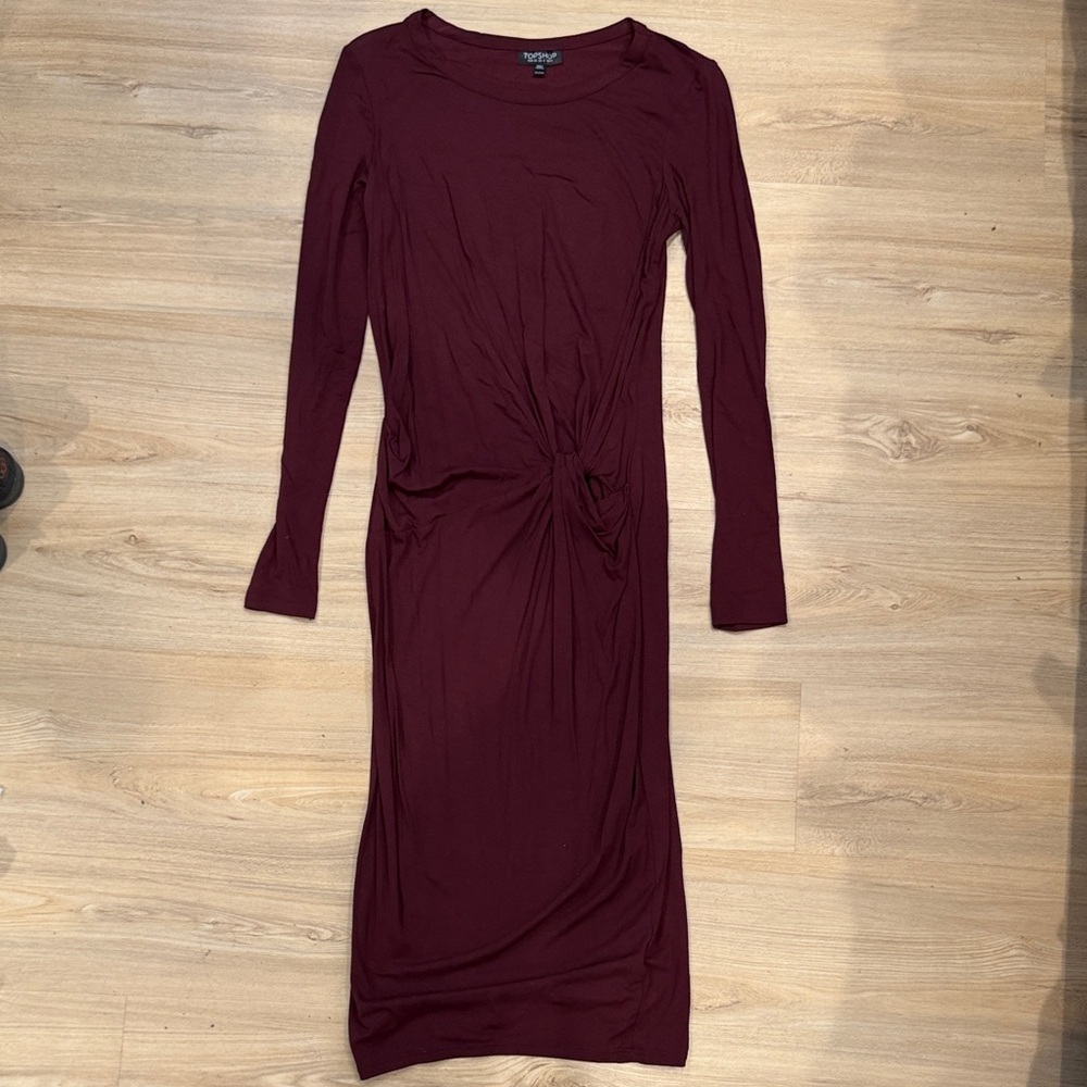 Topshop Long Sleeve Twist-Knot Midi Dress - Burgundy